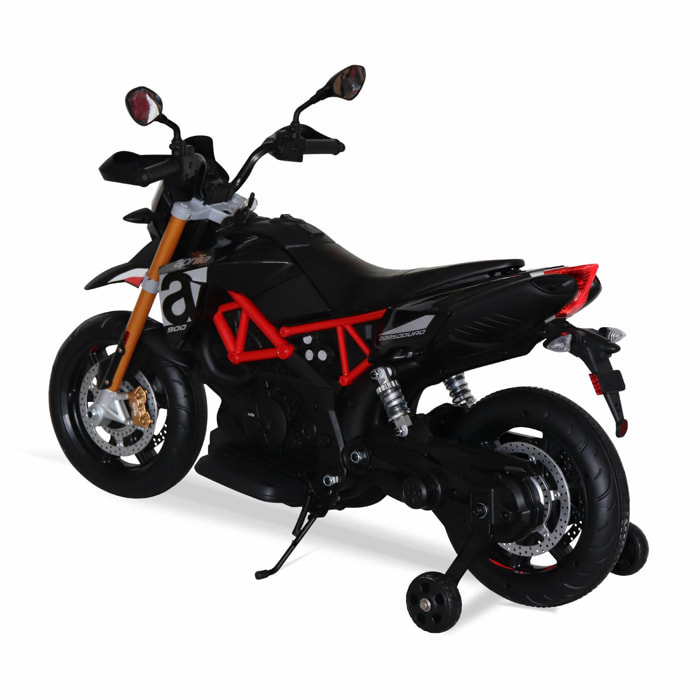 Aprilia noire Dorsoduro 900. moto électrique pour enfants 12V 4.5Ah. 1 place avec autoradio