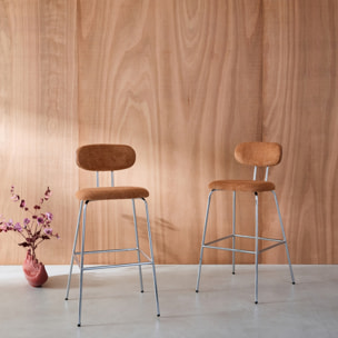 2 tabourets de bar décor bois courbé teinté noyer et tissu déperlant terracotta. pieds métal chromé - L 44 x P 51 x H 103cm - Erin