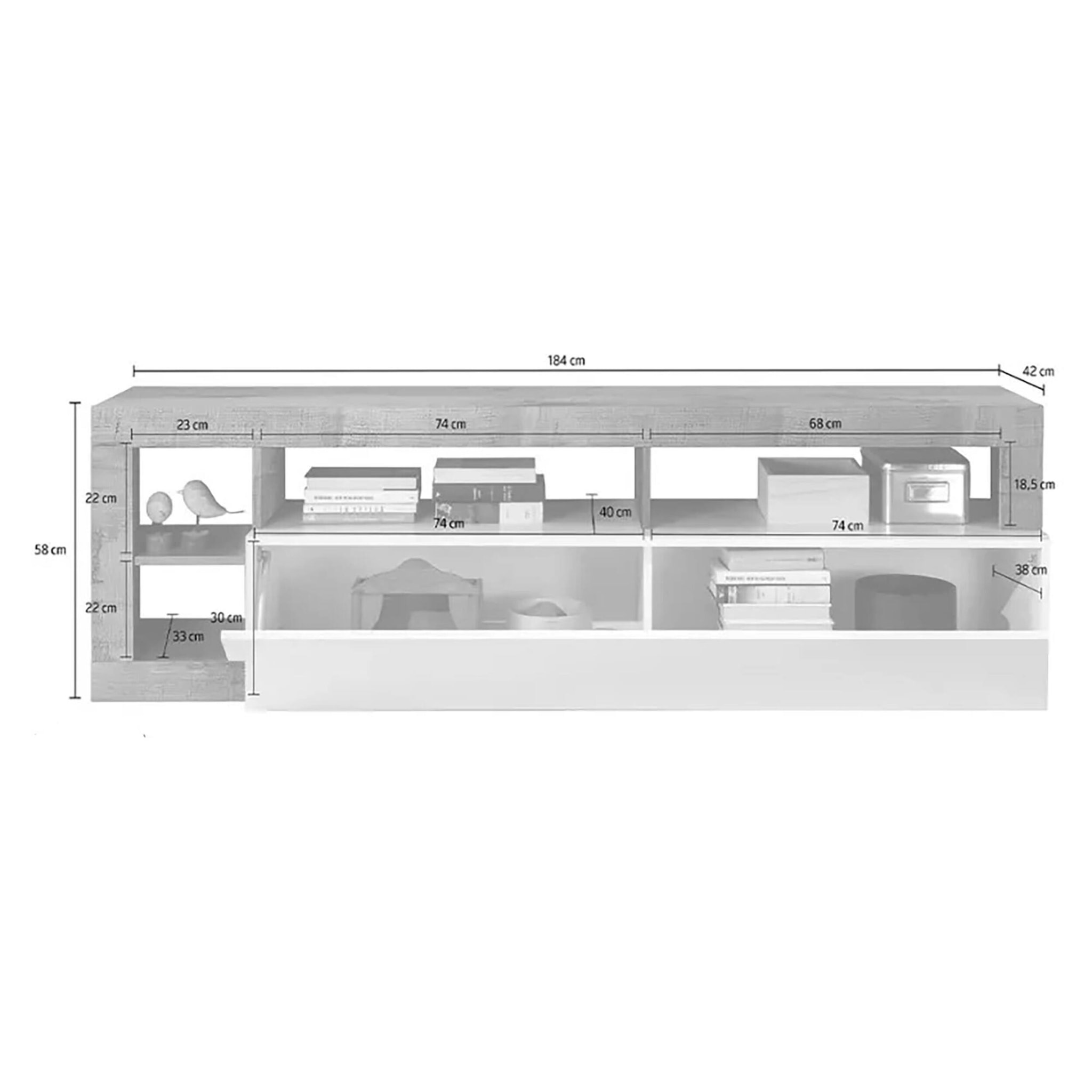 Mobile porta TV Arkangel, Credenza da soggiorno, Armadio basso per TV, Base parete attrezzata, Made in Italy, 184x42 h58 cm, Bianco lucido e Acacia