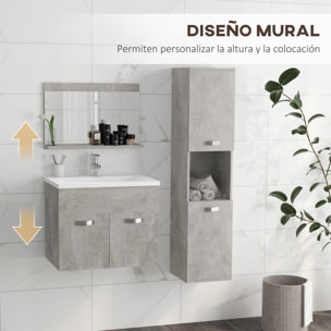 Conjunto de Muebles de Baño de Pared 3 Piezas Incluye Espejo Armario con Lavabo Cerámico y Columna Auxiliar de Baño Estilo Moderno Gris