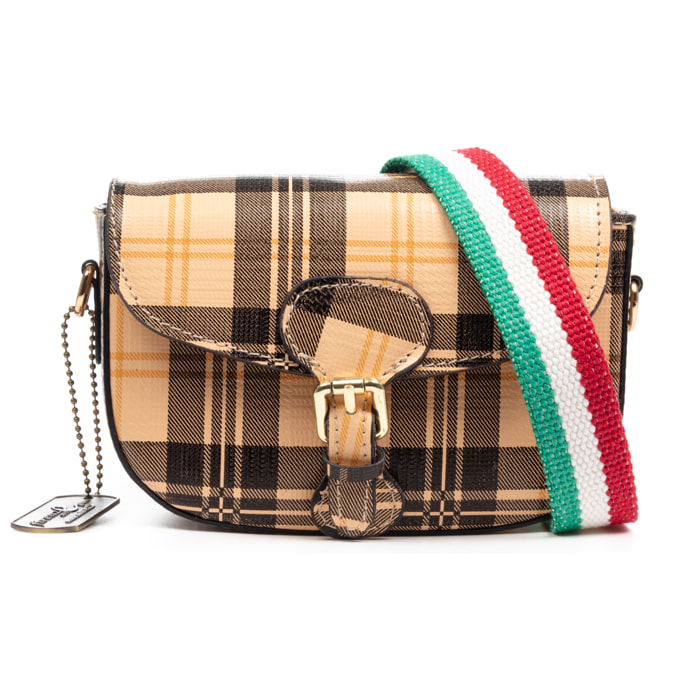 Annone bolso bandolera mujer. Piel auténtica acabado Ruga estampada con cuadro escocés.