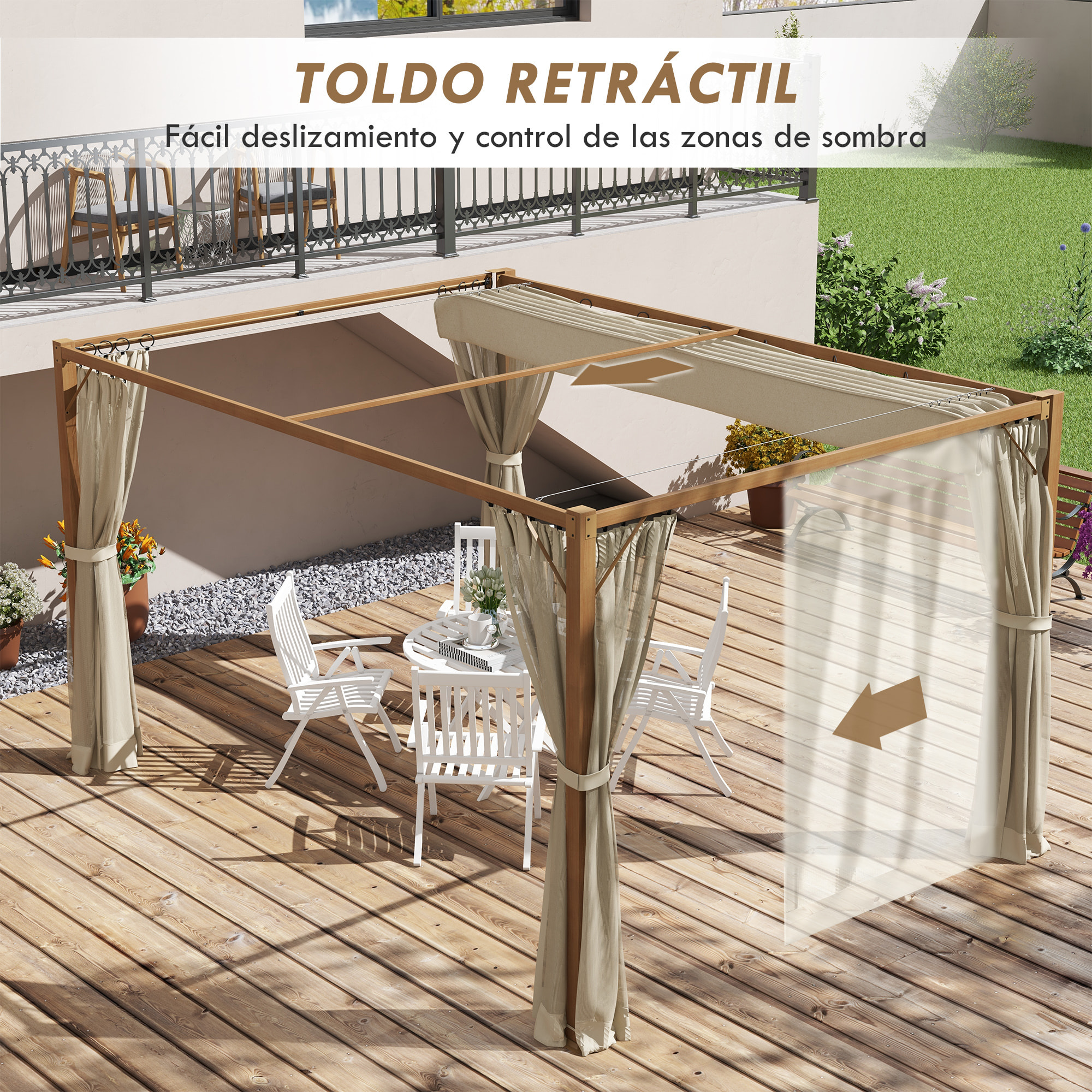 Pérgola de Jardín 4x3 m con Marco de Aluminio Cenador para Exterior con Techo Retráctil Mosquiteras Laterales de Malla para Terraza Patio Natural