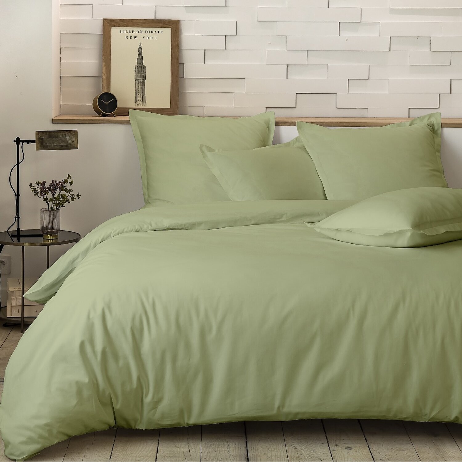 Parure housse de couette unie 100% percale de coton - mura - sauge