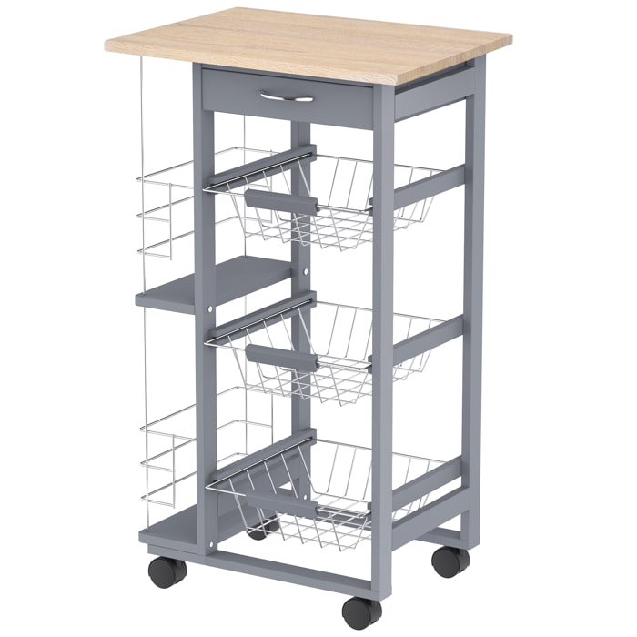 Carrito Auxiliar con Ruedas, Carrito de Cocina con 3 Cestas Metálicas, Cajón, 2 Especieros, Estructura de Madera de Pino, para Verduras, Frutas, para Comedor, 47x37x83 cm, Gris