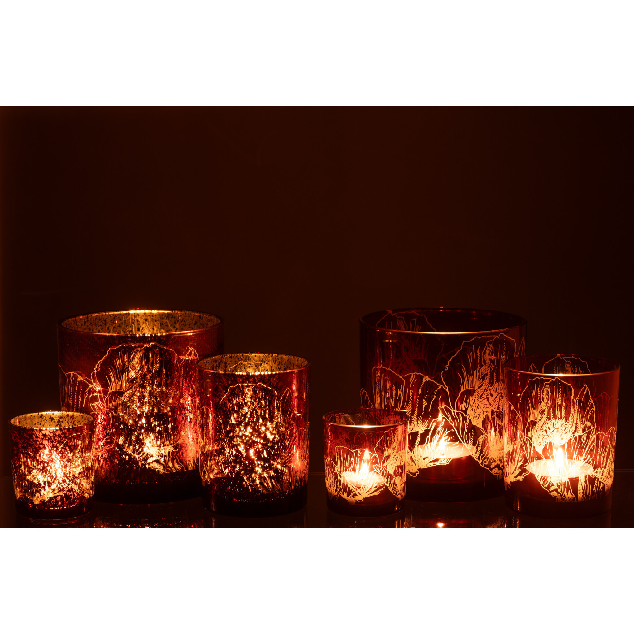 J-Line photophore Fleurs - verre - bordeaux - large - 2 pcs