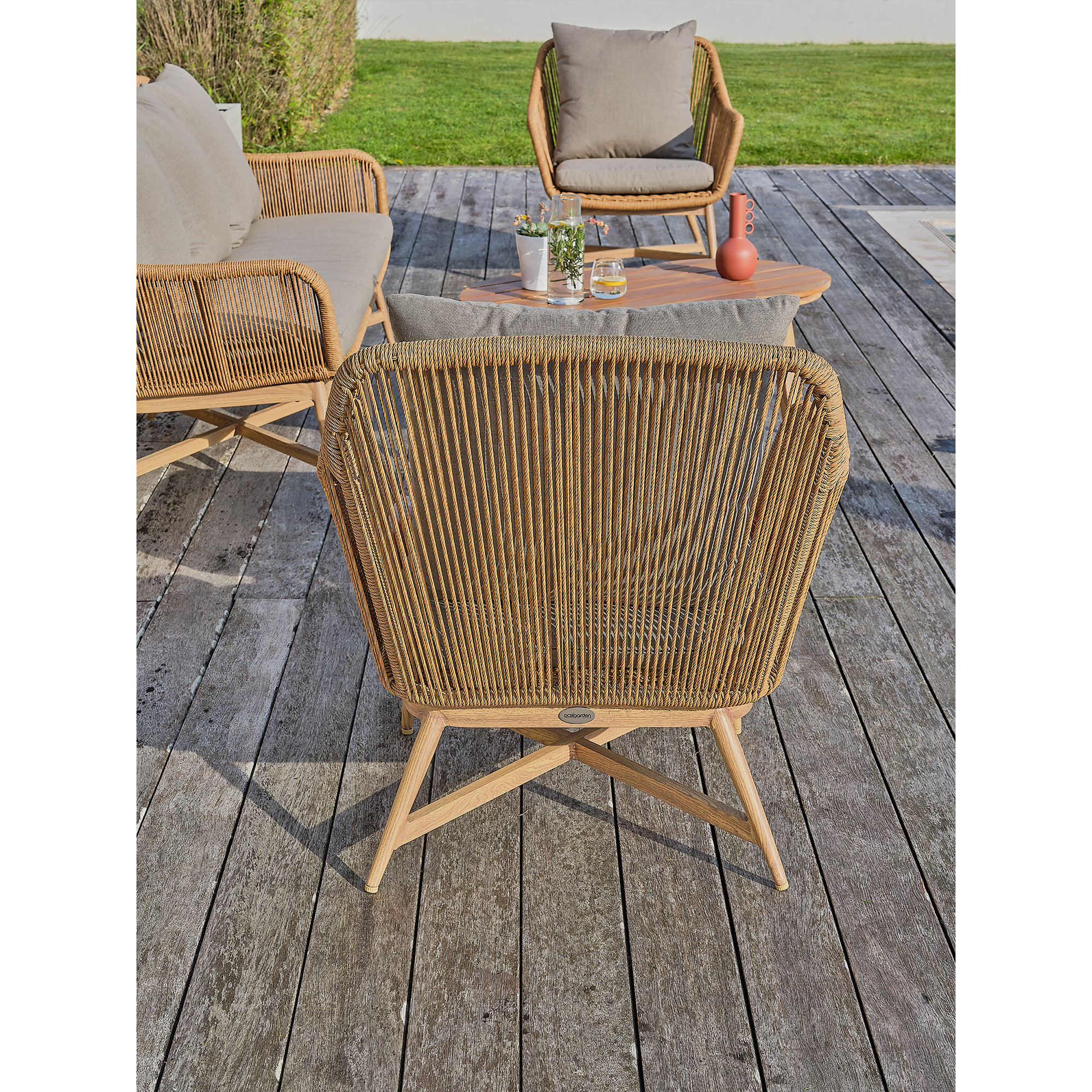 PALMAS - Salon bas de jardin 5 places alu aspect bois, teck et corde tissée