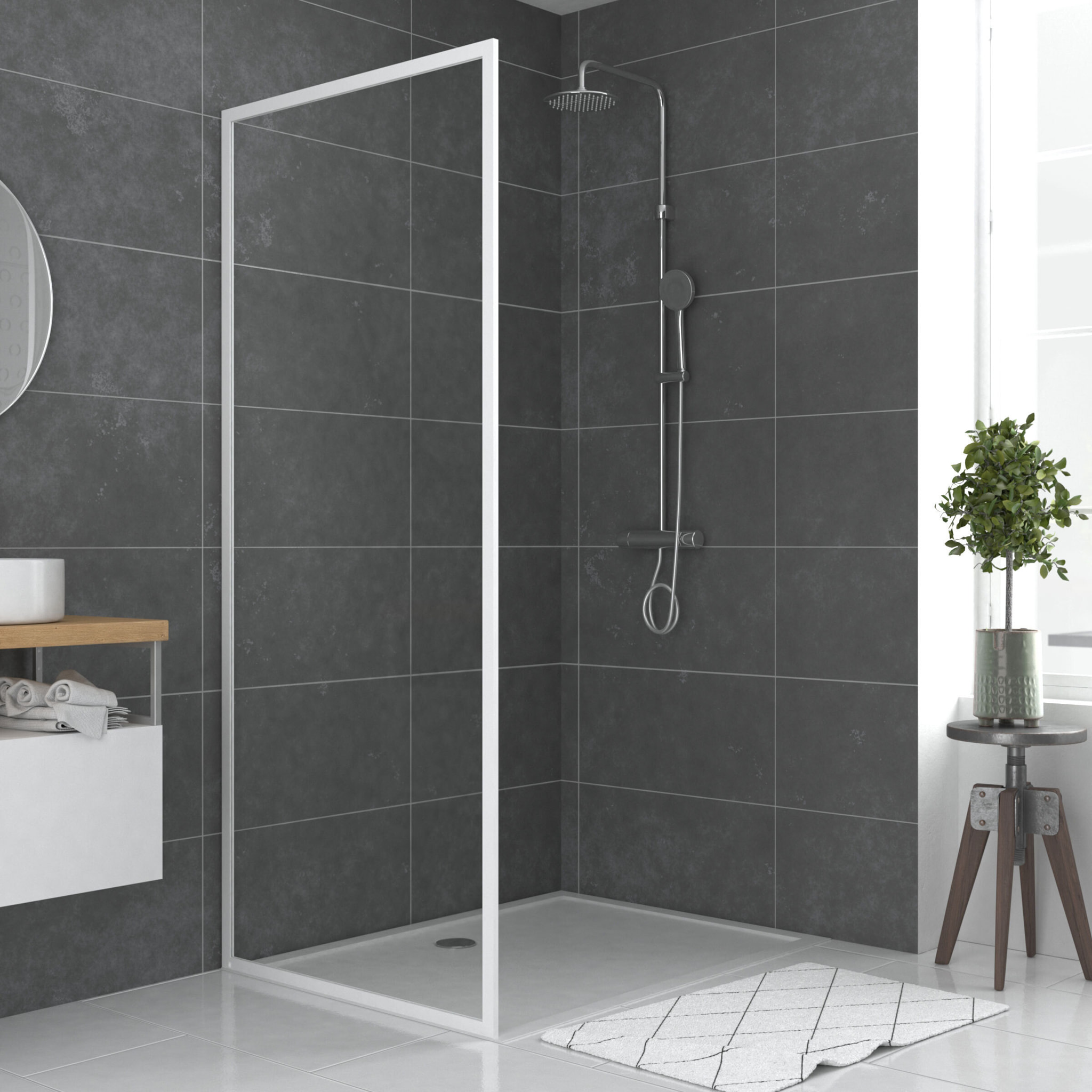 Paroi porte de douche blanc RETOUR 90x185cm pour porte - verre transparent 5mm - WHITY SIDE 90
