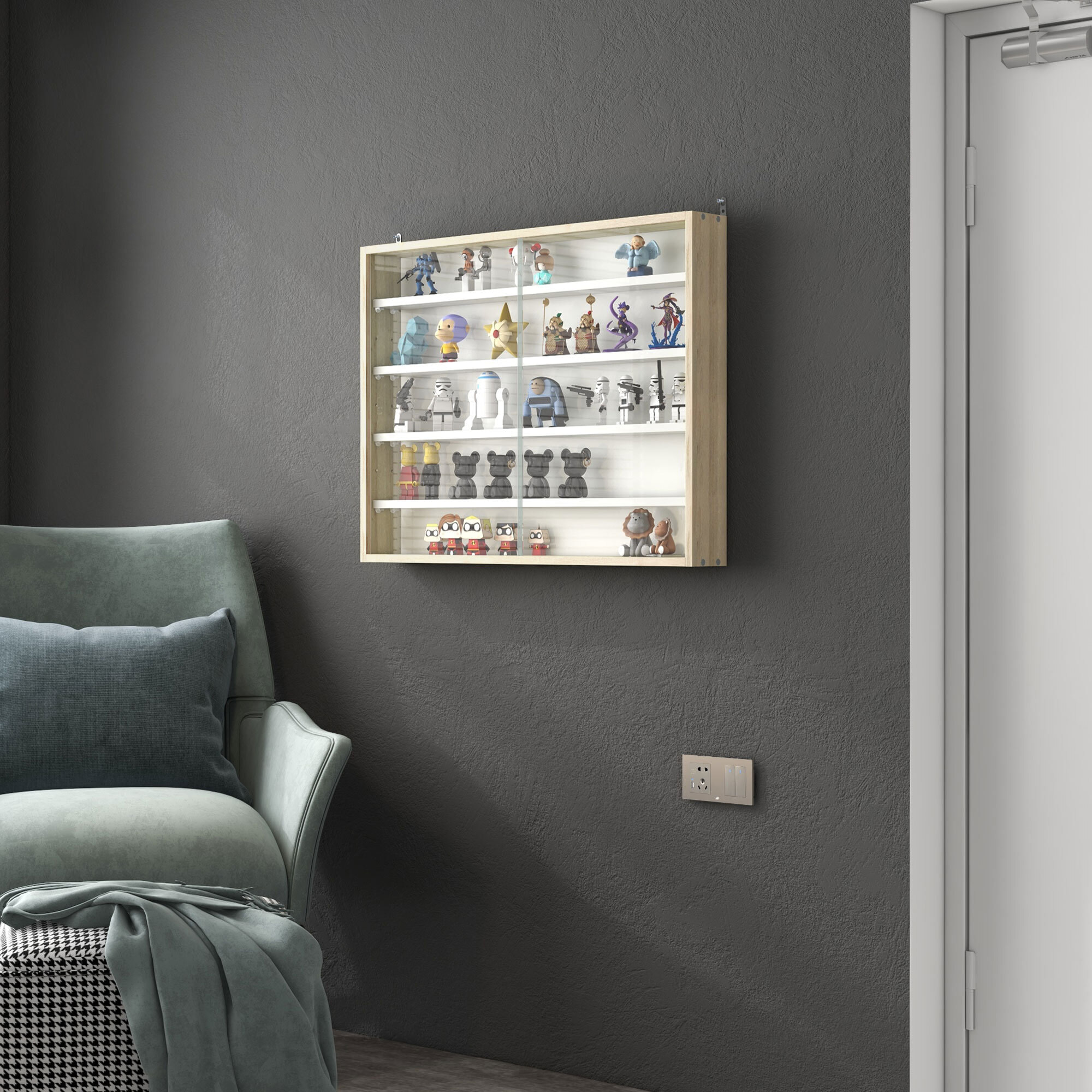 Vitrina Expositora Vitrina de Pared con Estantes Ajustables y 2 Puertas Correderas de Vidrio para Colecciones Perfumes Figuras de Decoración 80x9,5x60 cm Blanco y Natural