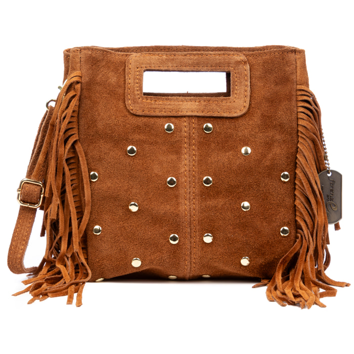 Barbata bolso bandolera mujer. Piel auténtica Gamuza con tachuelas decorativas.