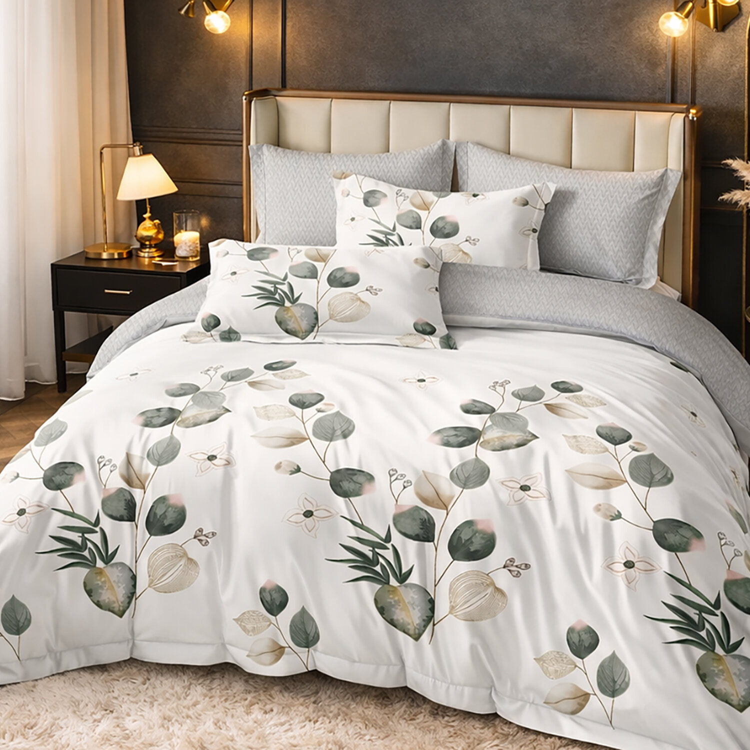 Parure housse de couette 100% coton - Elvane imprimé botanique vert
