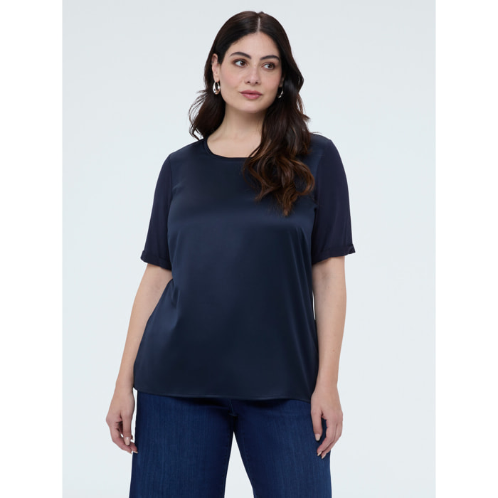 Fiorella Rubino - T-shirt bimaterica con scollo tondo - Blu