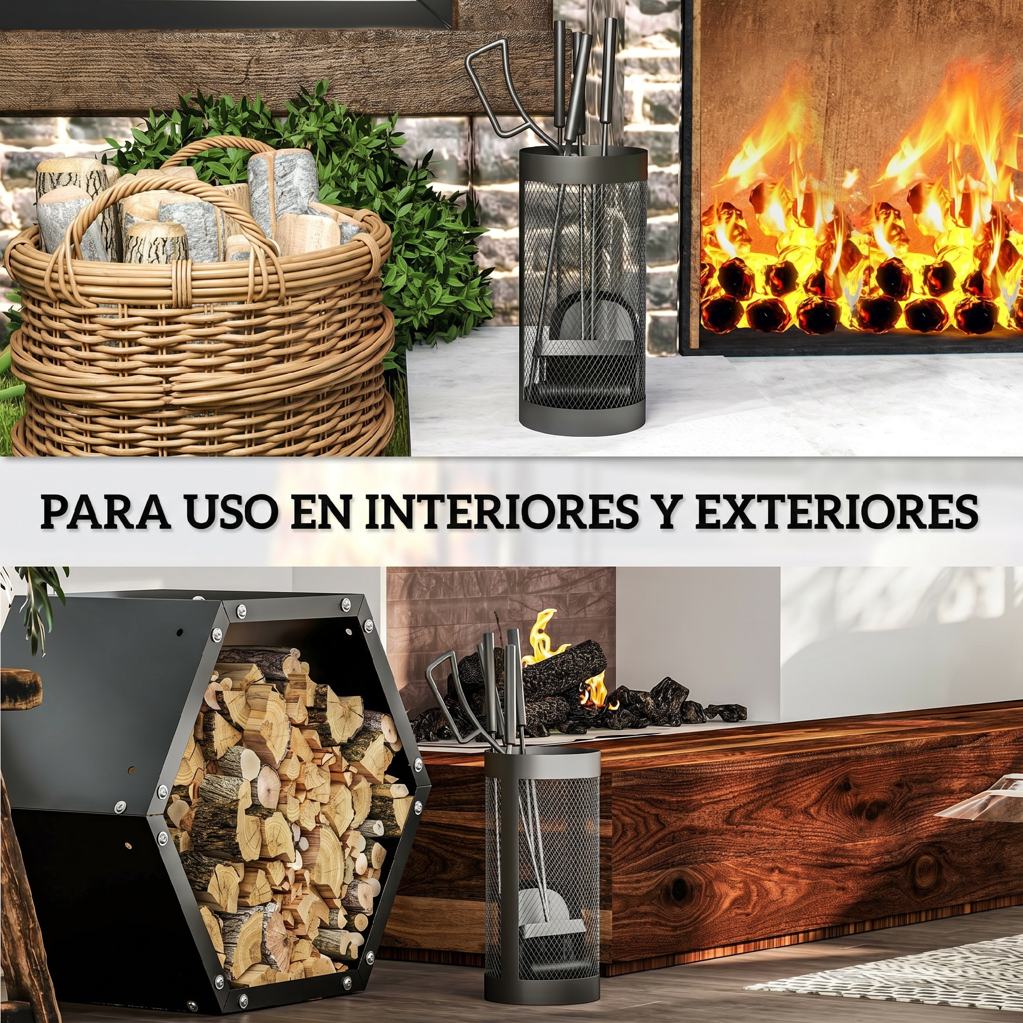 Juego Utensilios Chimenea de 5 Piezas, Juego de Accesorios para Chimenea de Metal con Escoba, Pala, Tenazas, Atizador y Soporte, Ø16x33,5 cm, Negro