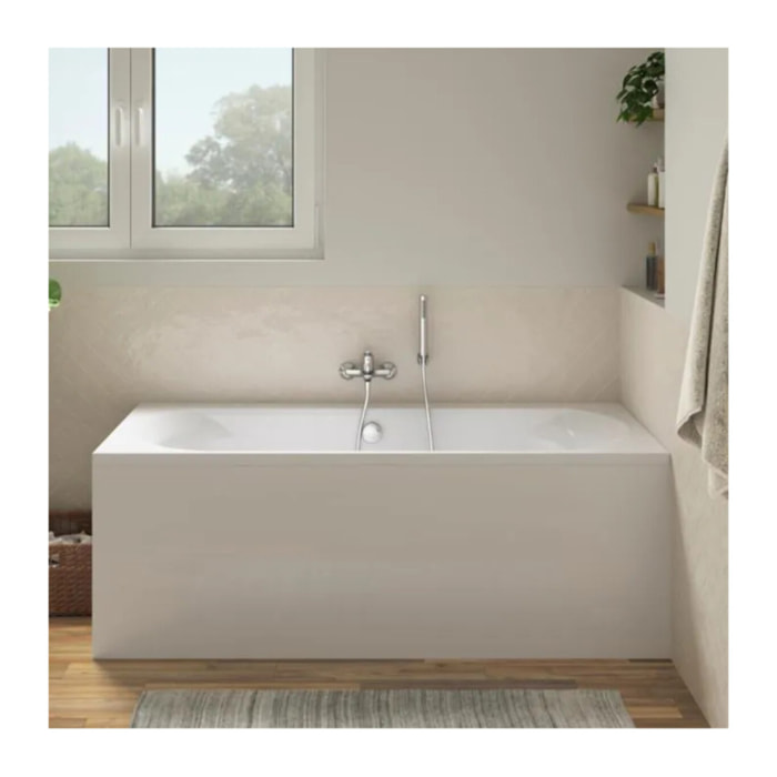 Pack baignoire droite 180 x 80 Elise + tablier en angle + mitigeur bain douche mural Aimé chromé + vidage