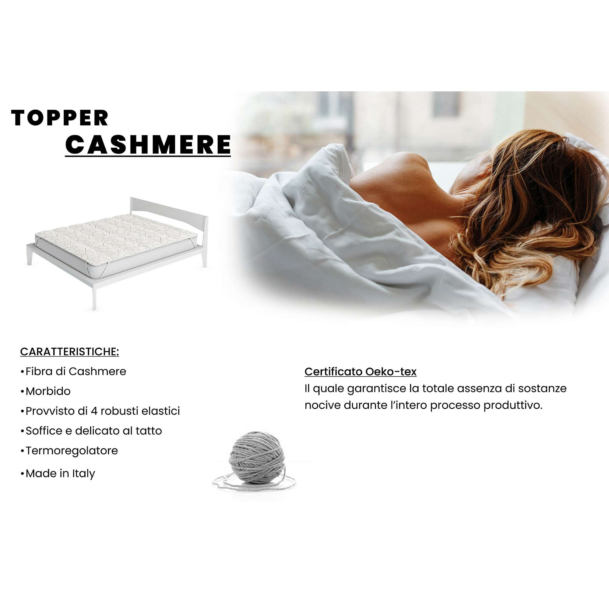 TOPPER TRAPUNTATO CASHMERE MADE IN ITALY CON ELASTICI- PIAZZA E MEZZA