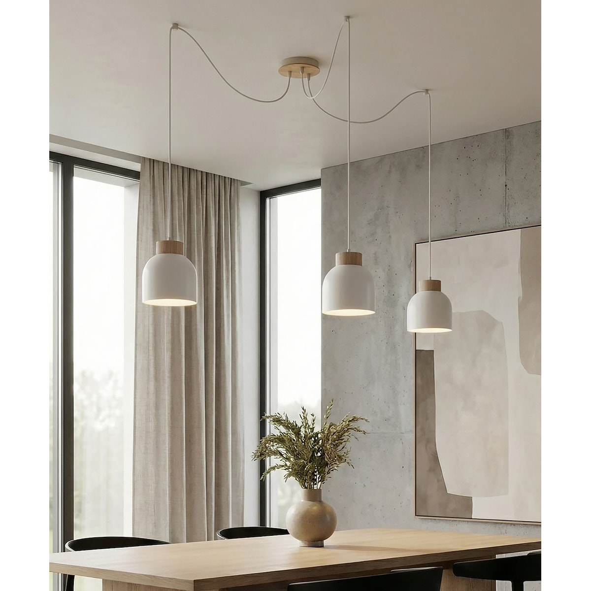 Lampada a sospensione KRU a tre luci in metallo bianco e legno