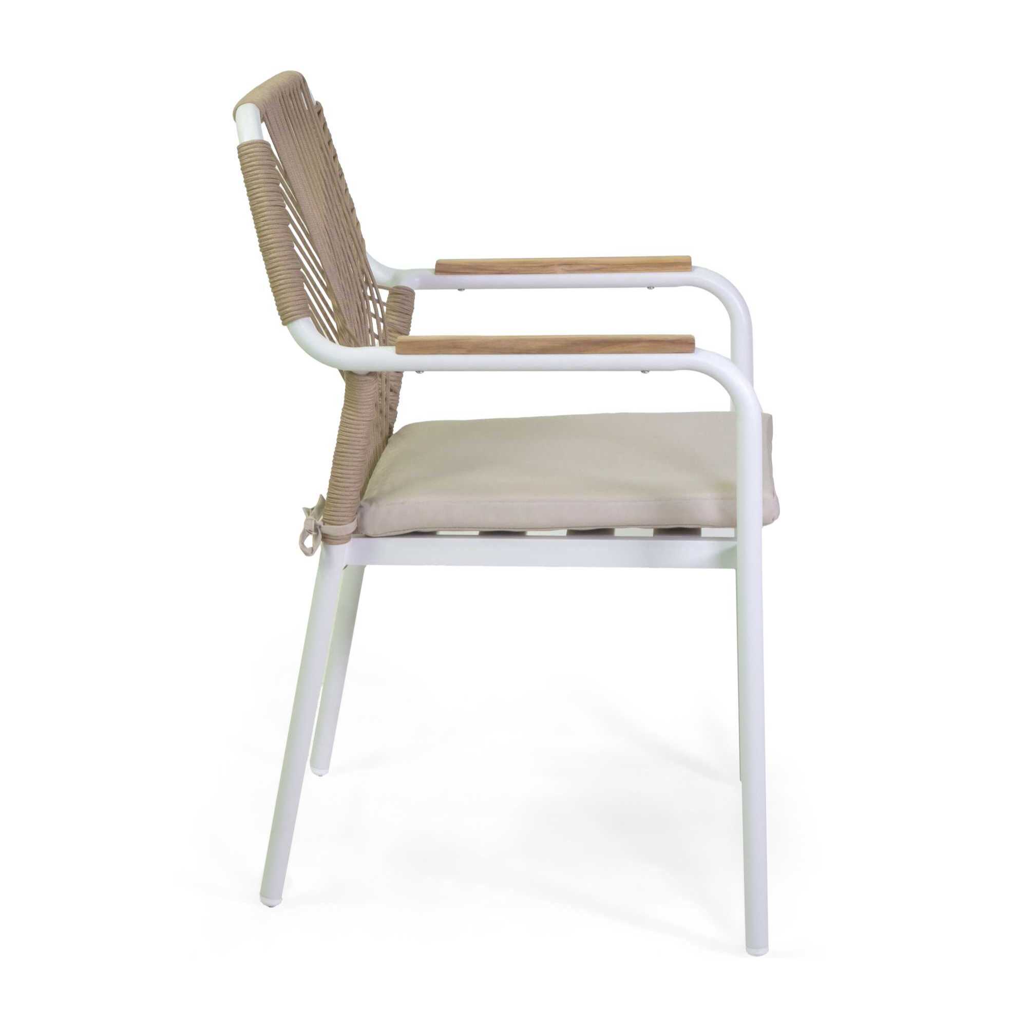 Poltrona Vacchetti Dean in alluminio bianco con corda e cuscino beige cm56x62h85