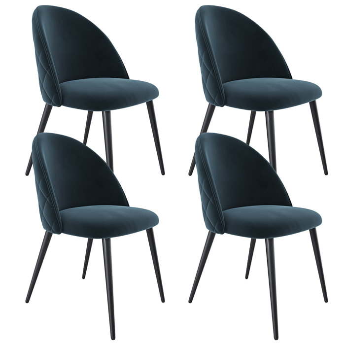 Set di 4 Sedie Imbottite Da Pranzo In Velluto Sedia Gambe In Metallo Nero Schienale Soggiorno Salotto Camera 43 x 47.5 x 80 Cm (Blu)