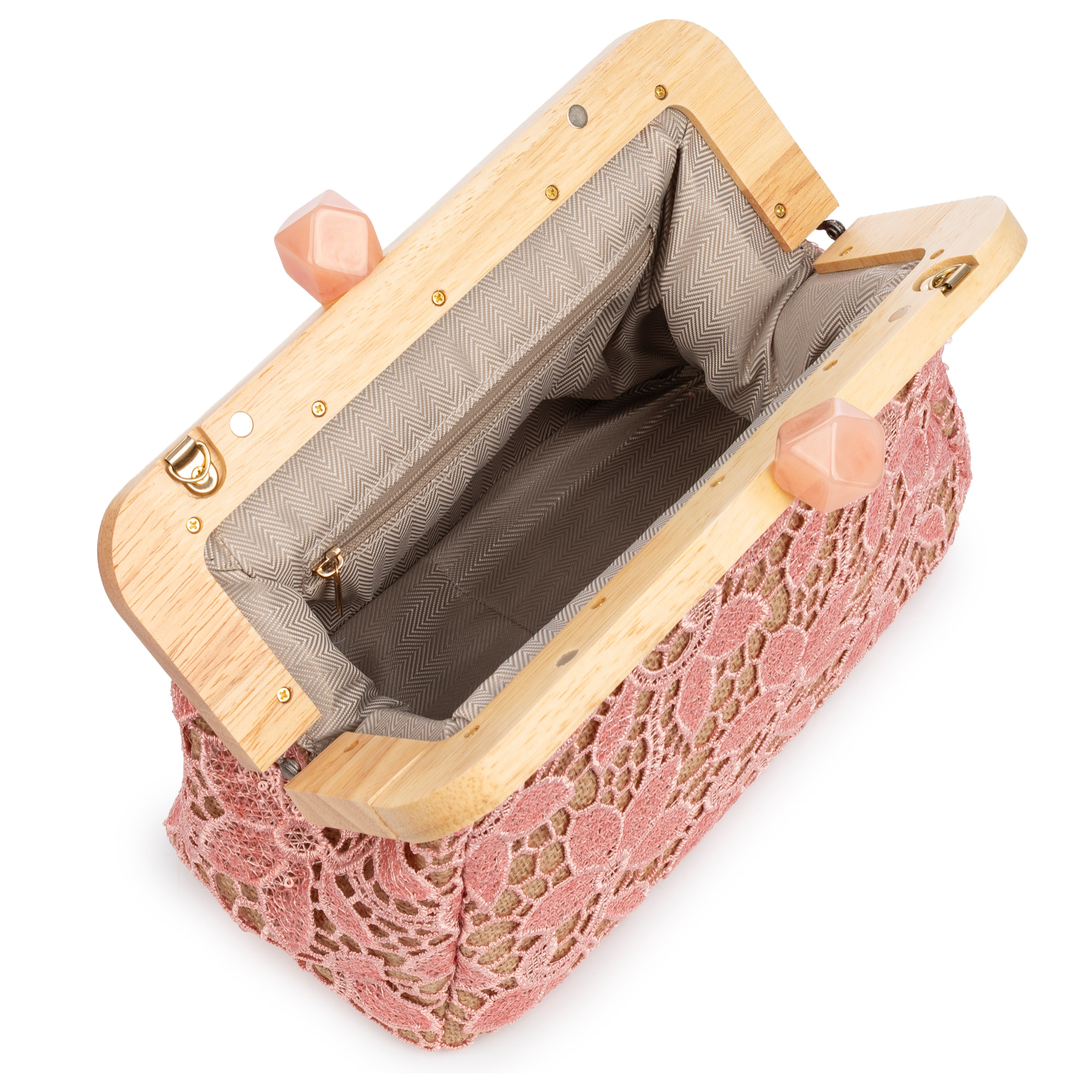 Borbera Borsa a spalla Donna. Realizzata in legno naturale, cotone e juta con un design in rete di tessuto floreale.