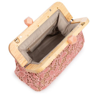 Borbera Borsa a spalla Donna. Realizzata in legno naturale, cotone e juta con un design in rete di tessuto floreale.