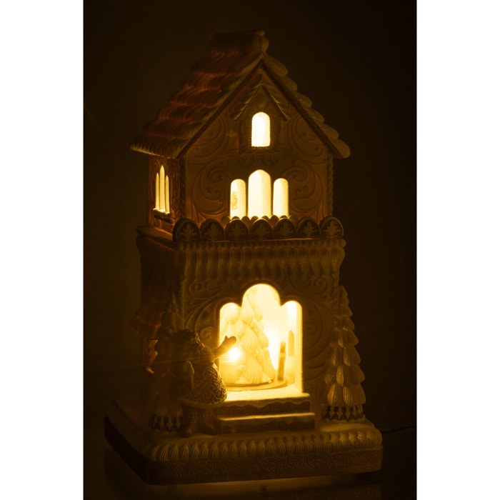 J-Line décoration Pain D'épice Maison + Père Noël - polyrésine - beige/blanc - LED