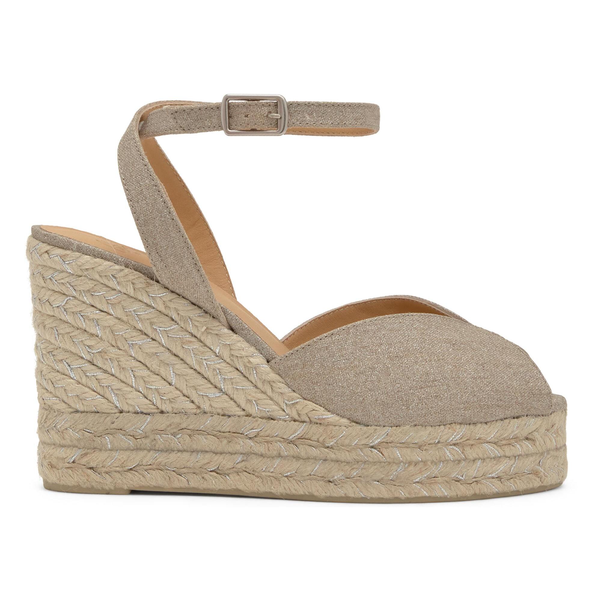 Sandalias de cuña de mujer Blossom en lino metalizado con cierre de pulsera