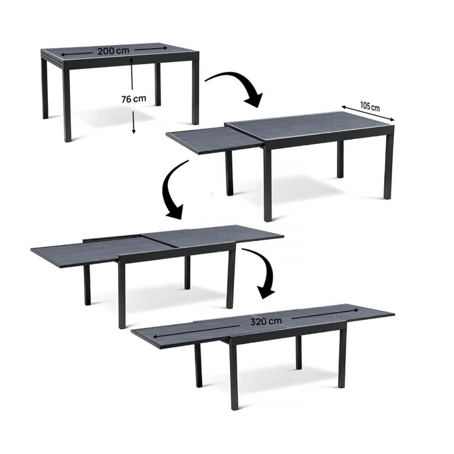 Salon de jardin repas extensible "Lagos" - 200/320 x 105 x 76 cm - 12 chaises - Taupe