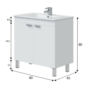 Mobile sottolavabo Florante, Mobiletto da bagno, Contenitore porta lavabo, Armadio per lavandino, 80x45 h80 cm, Bianco lucido