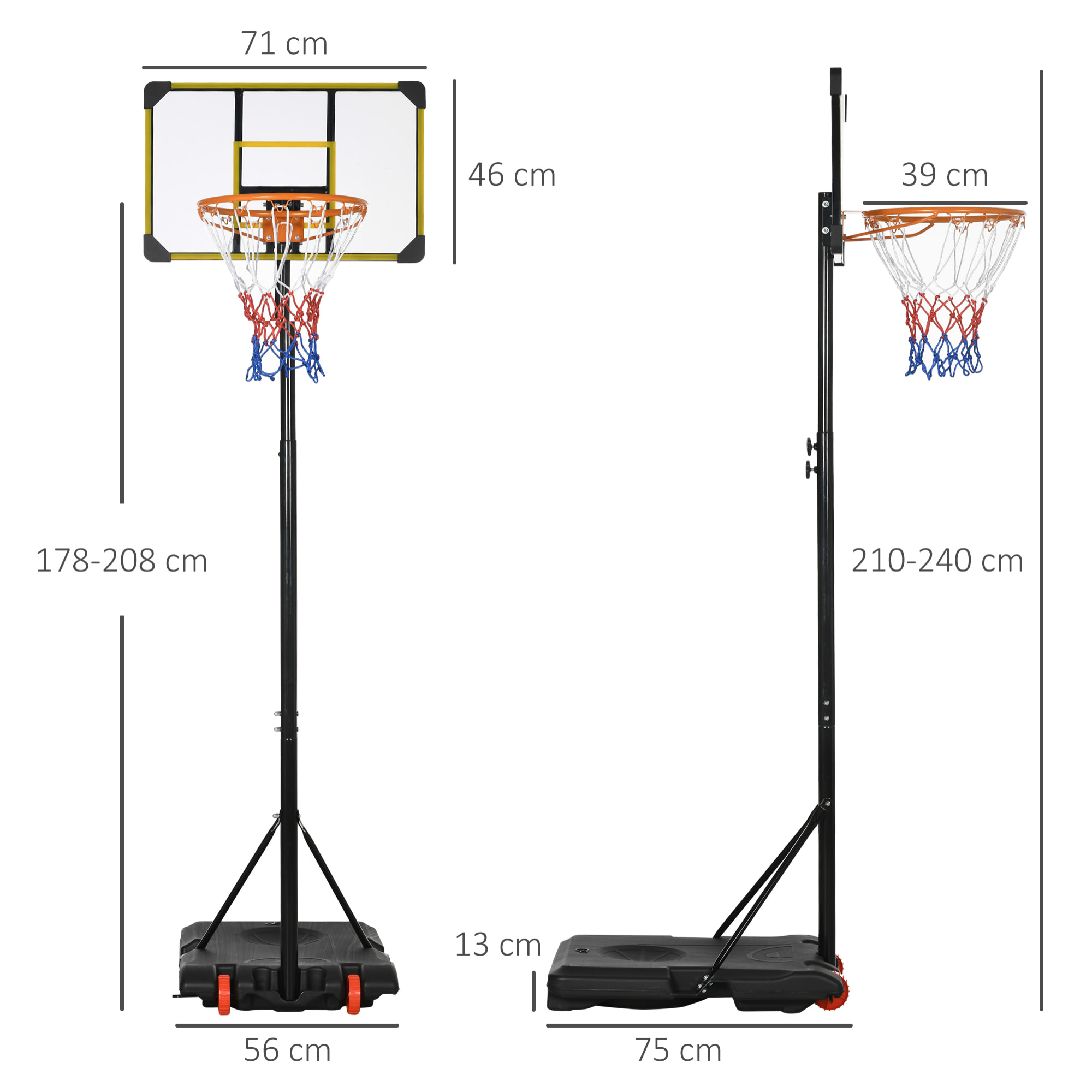 Canasta de Baloncesto Altura Ajustable 178-208 cm con Ruedas Aro de Baloncesto para Niños de +6 Años con Base Rellenable para Exterior 75x56x210-240 cm Amarillo y Negro