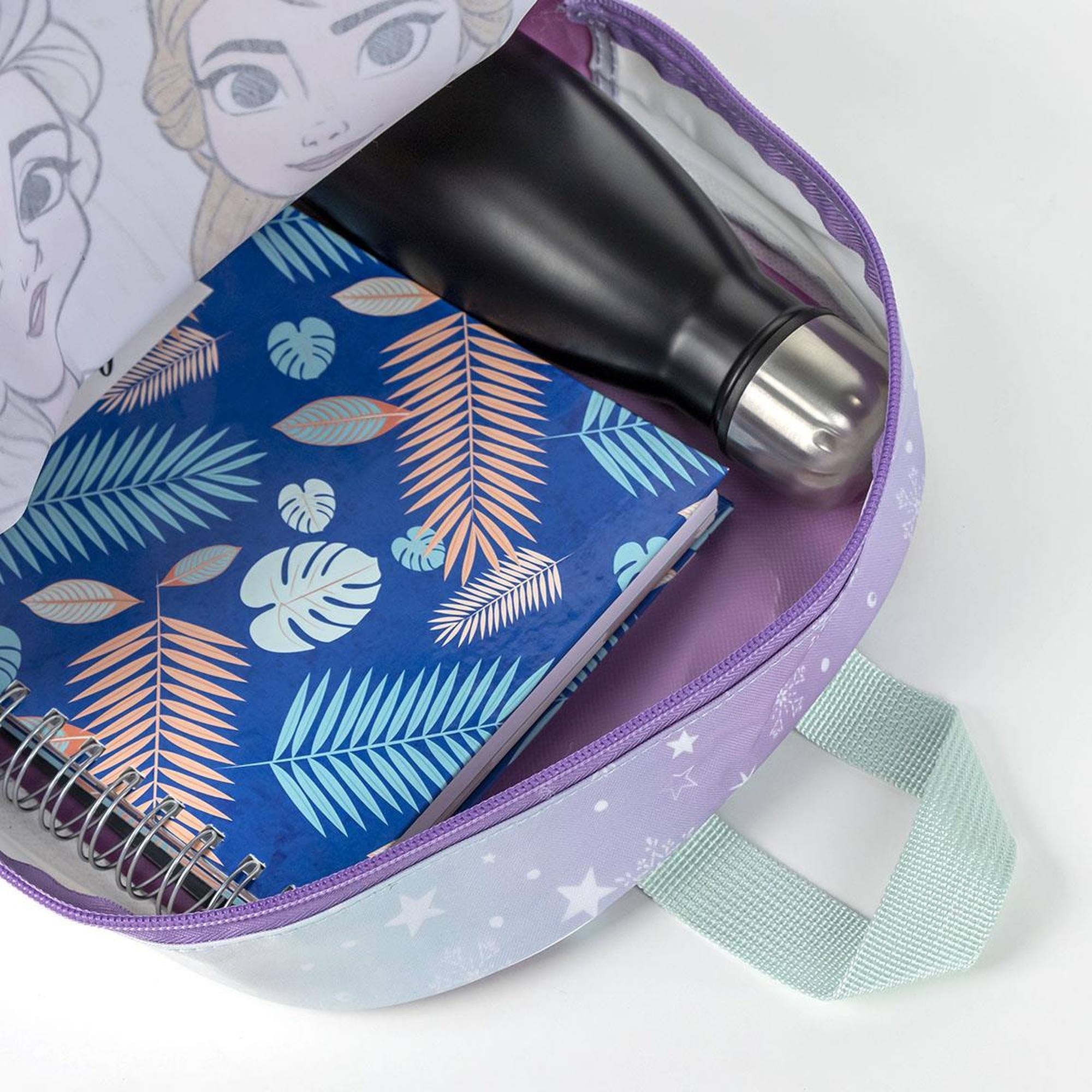 Mochila infantil escolar de frozen - color azul - 25x20x29 cm - fabricada en poliéster - con cierre de cremallera - estampado de elsa y anna