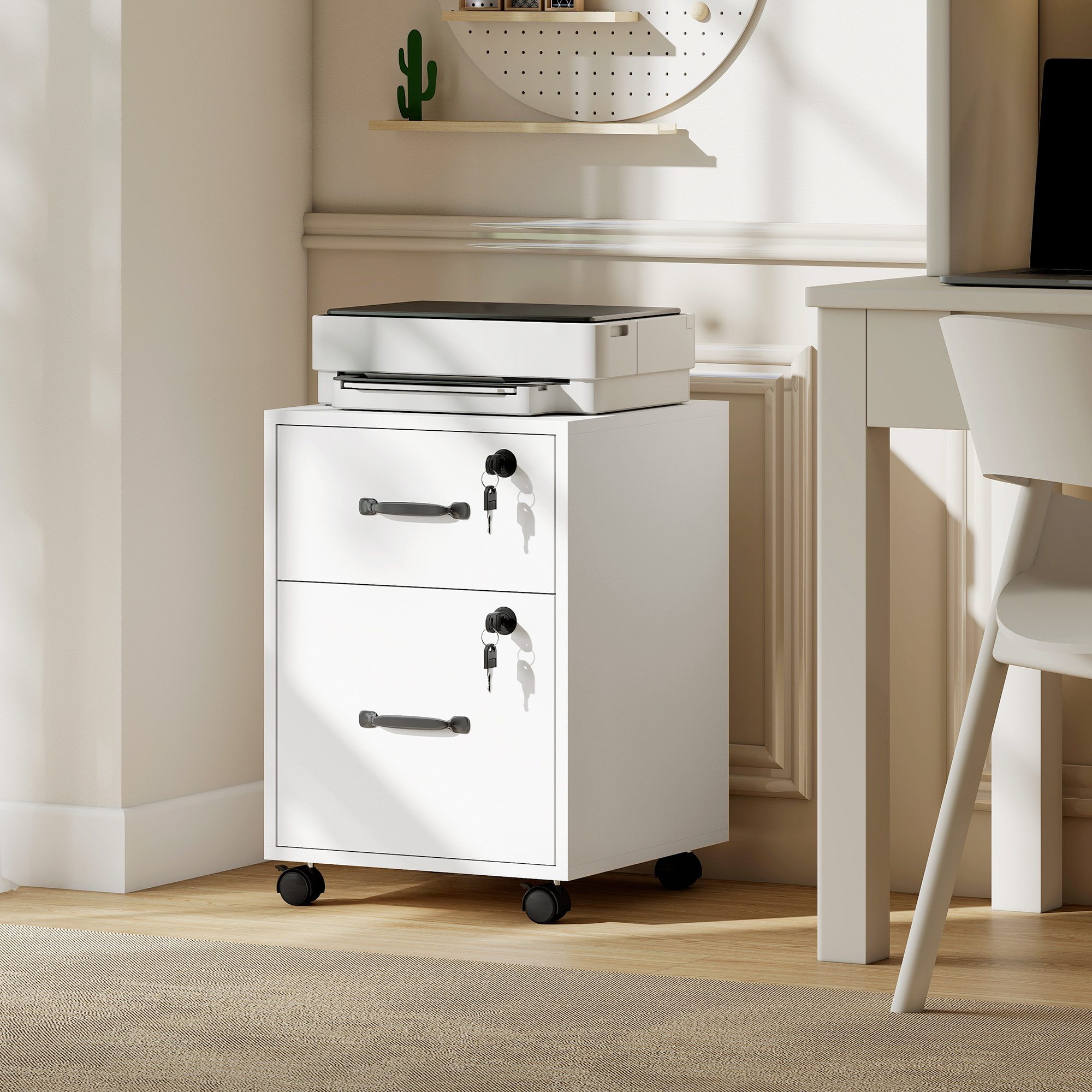 Caisson bureau verrouillable mobile 2 tiroirs coulissants trieur dossiers blanc