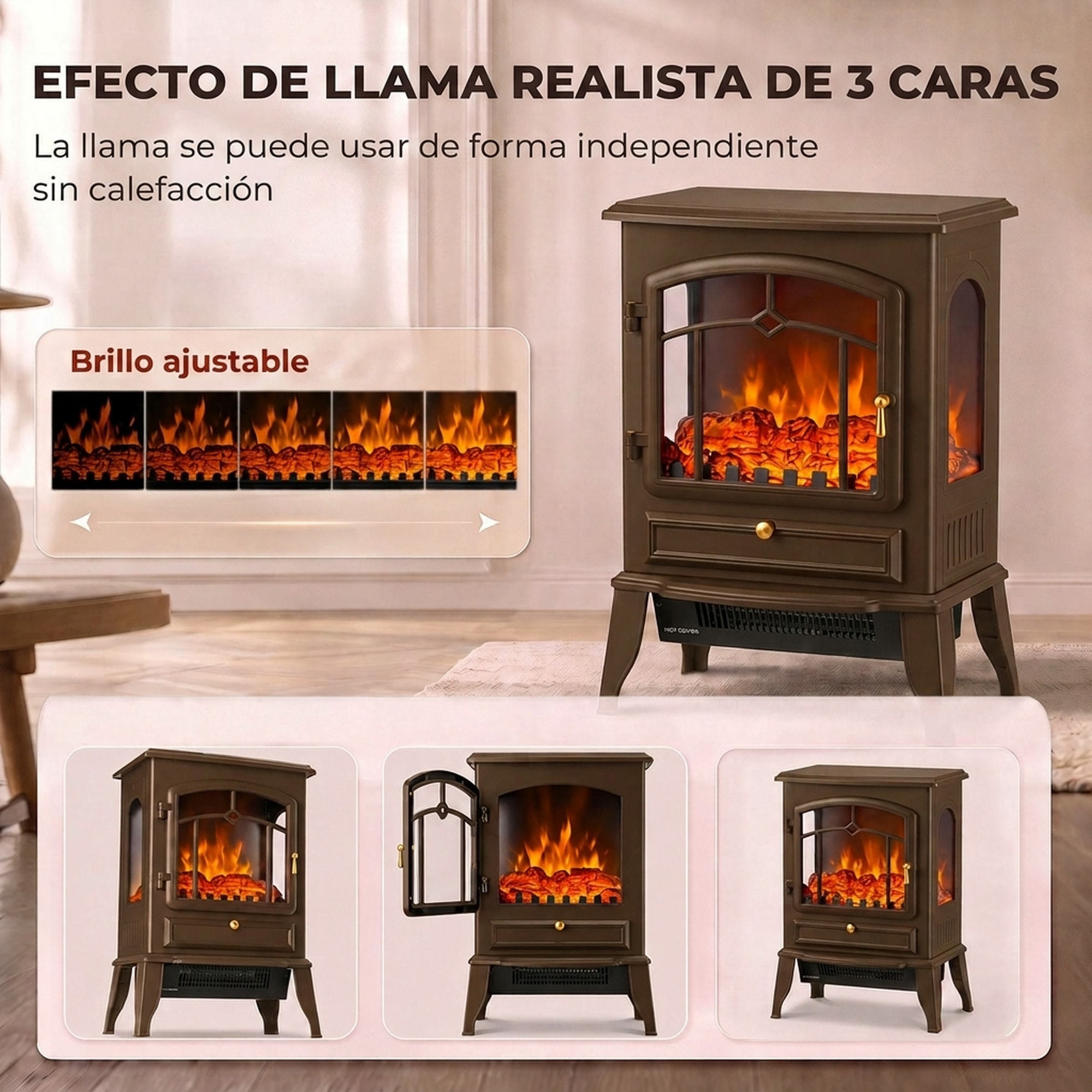 Chimenea Eléctrica de Pie, 1000W/2000W, Chimenea Eléctrica Decorativa con Efecto Llama 3D, Brillo Ajustable, Termostato y Protección contra Sobrecalentamiento, para 30㎡, Marrón