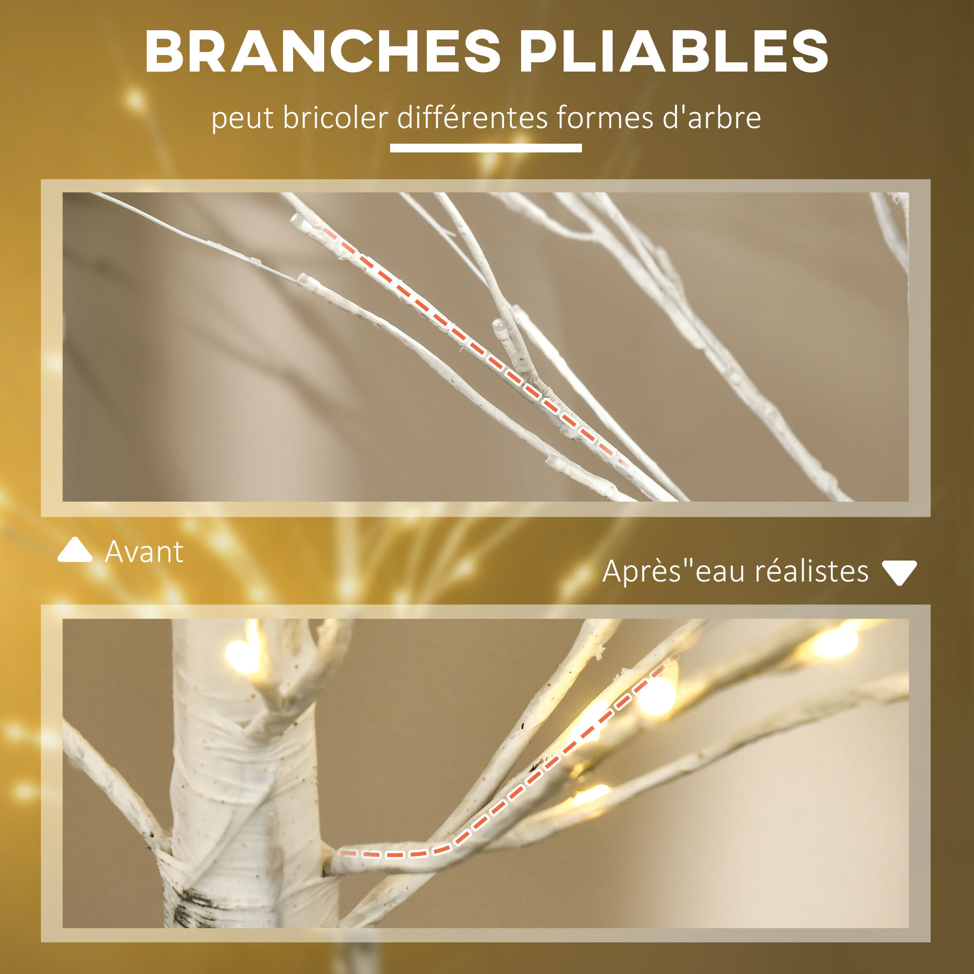 Arbre lumineux LED bouleau - décoration lumineuse - 96 LEDS blanc chaud - norme IP 44 - usage intérieur/extérieur - 1,8H m - métal PP blanc