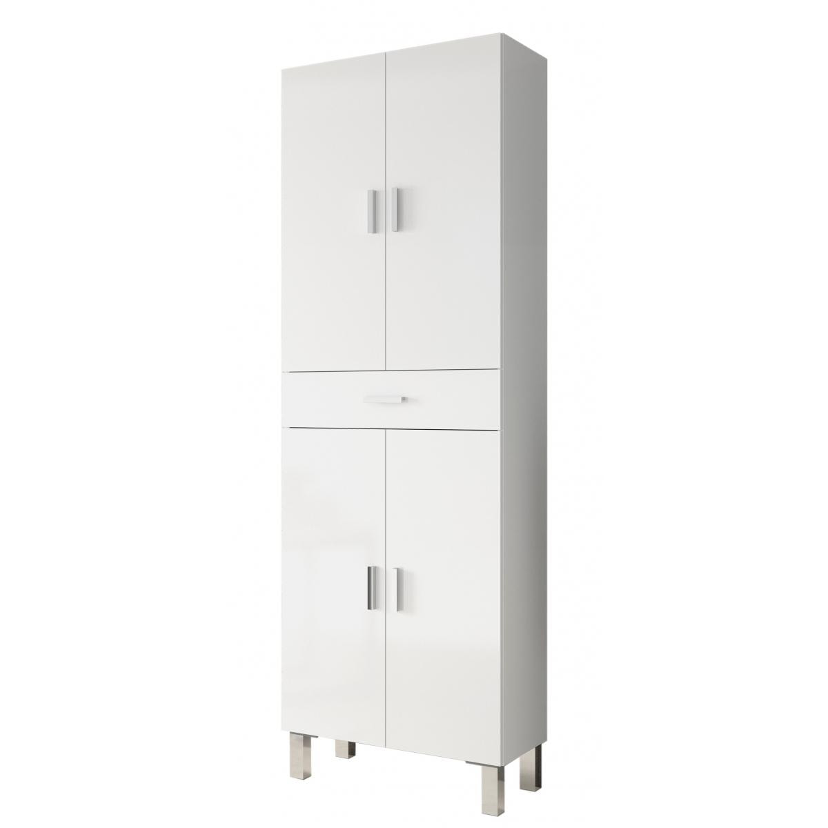 Armadio multiuso Oxnard, Mobile per bagno o lavanderia a 4 ante e 1 cassetto, Armadio multiuso portascarpe, cm 60x29h182, Bianco lucido