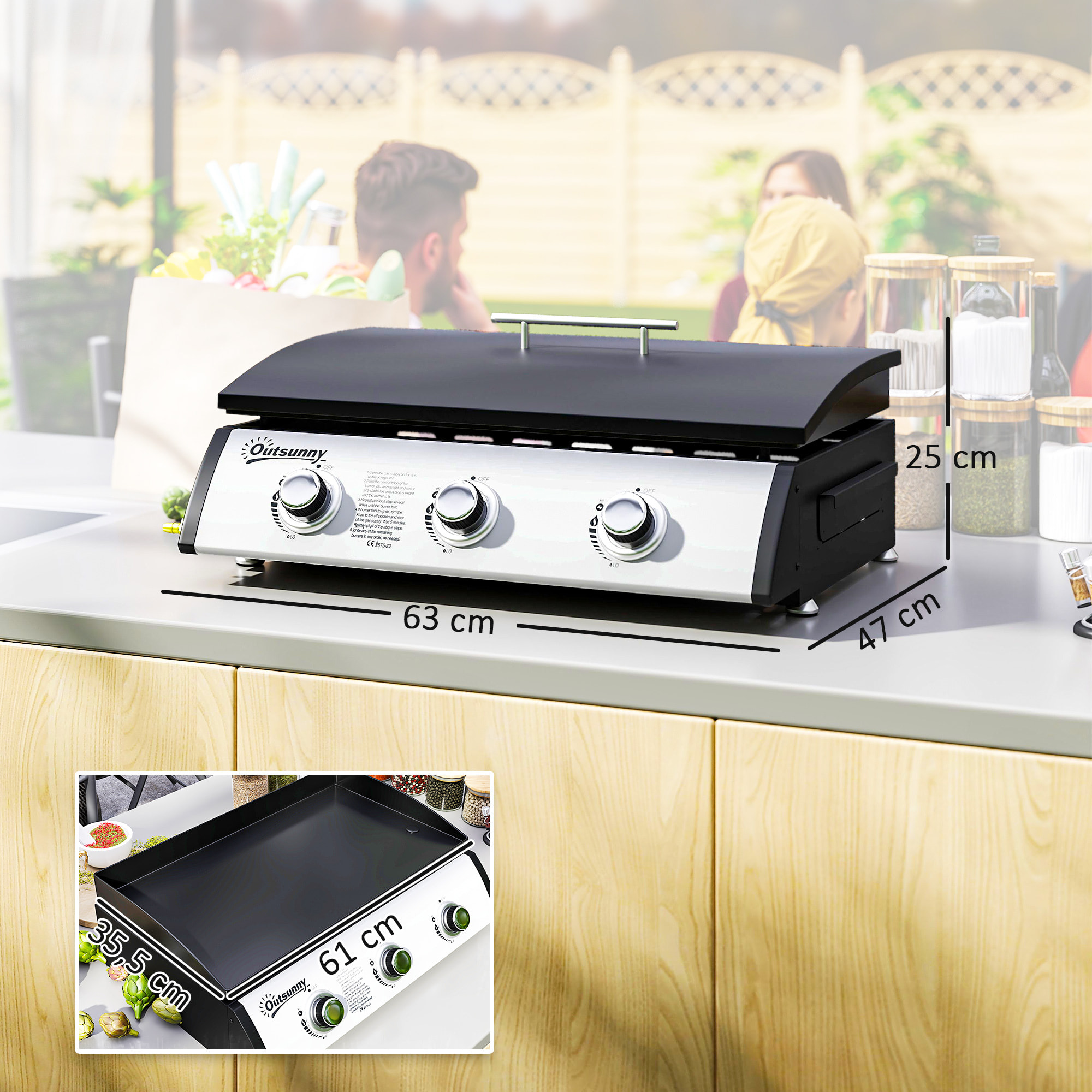 Plancha gaz avec couvercle - 3 brûleurs total 7,5 kW - surface cuisson 61 x 35,5 cm - détendeur tuyau inclus