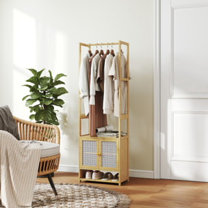 Perchero con Armario, Perchero para Ropa de Bambú, con Zapatero, Barra para Colgar, Estante Ajustable, para Entrada, Pasillo, Dormitorio, 53x31x168 cm, Natural