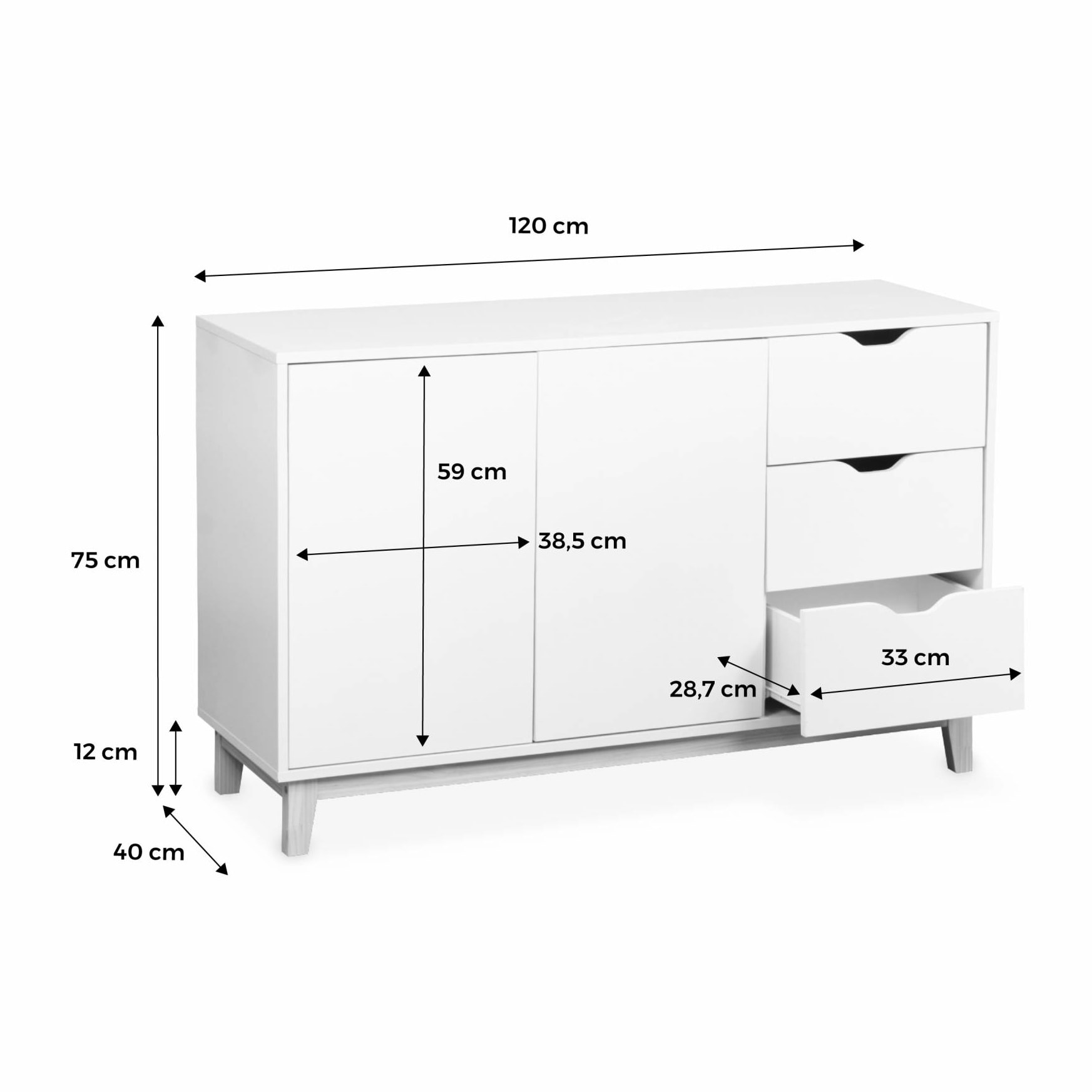 Buffet de rangement blanc. pieds bois - Floki - avec 3 tiroirs. buffet 2 portes. buffet bas. 120x40x75 cm