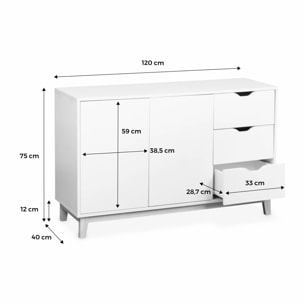 Buffet de rangement blanc. pieds bois - Floki - avec 3 tiroirs. buffet 2 portes. buffet bas. 120x40x75 cm