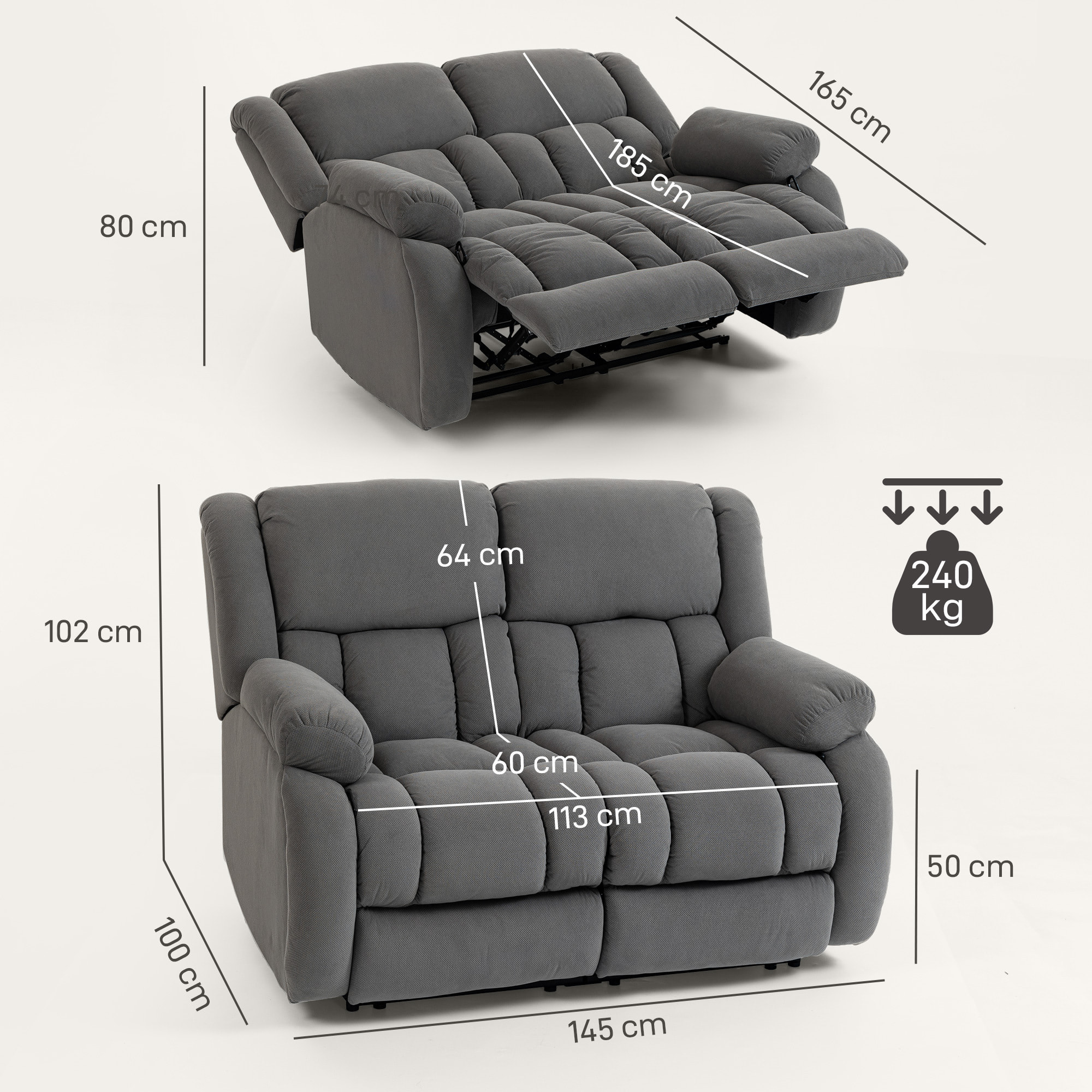 Sillón 2 Plazas Relax Reclinable Manual, Ajuste Separado, Sillón Relax Tapizado en Terciopelo, Reposapiés Ajustable, Asiento Amplio, Muelles, Acolchado Grueso, Sofá Reclinable hasta 135Âº, Gris