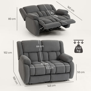 Sillón 2 Plazas Relax Reclinable Manual, Ajuste Separado, Sillón Relax Tapizado en Terciopelo, Reposapiés Ajustable, Asiento Amplio, Muelles, Acolchado Grueso, Sofá Reclinable hasta 135Âº, Gris