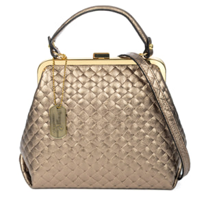 Arienzo borsa a mano donna. Vera Pelle Scamosciata con incisione intrecciata e lacca lucida.