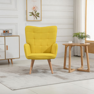 Butaca de Salón Moderna Sillón con Respaldo Alto Reposabrazos Tela de Lino y Patas de Madera de Haya para Comedor Cocina 71x76x101 cm Amarillo