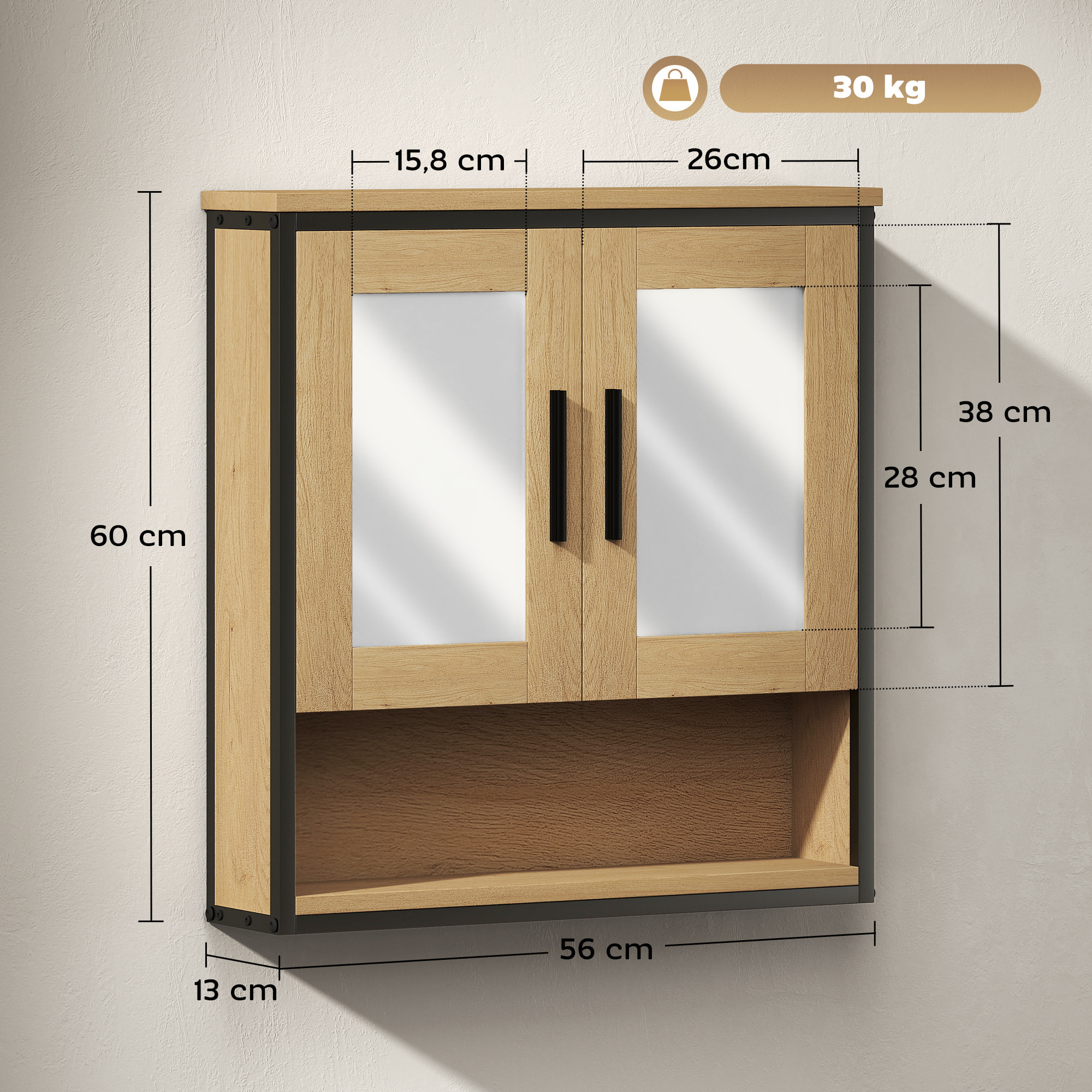 Armoire miroir murale salle de bain - 2 portes, étagère, niche - acier noir effet bois