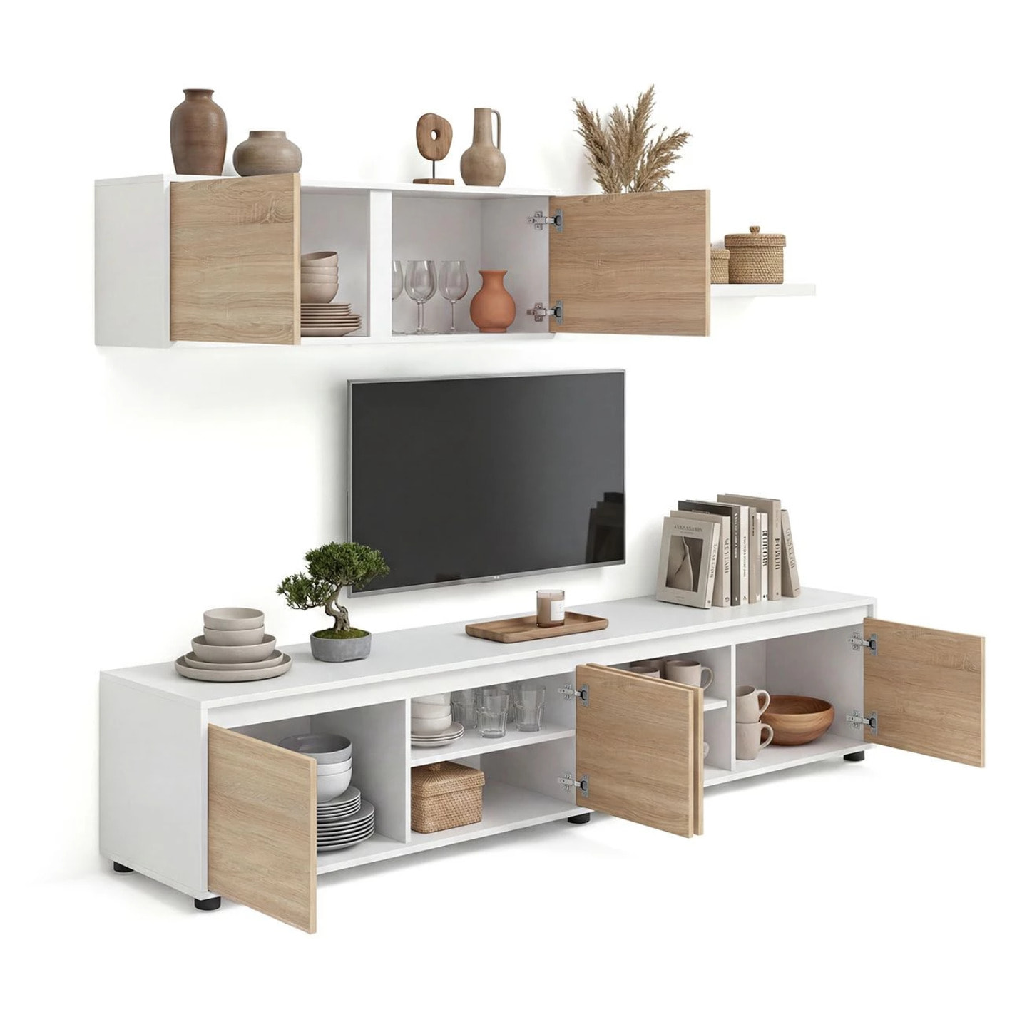 Salón con mueble de TV y estantería en blanco artik y roble canadian 200 cm Arlet Blanco Artik (Blanco Mate) - Roble Canadian