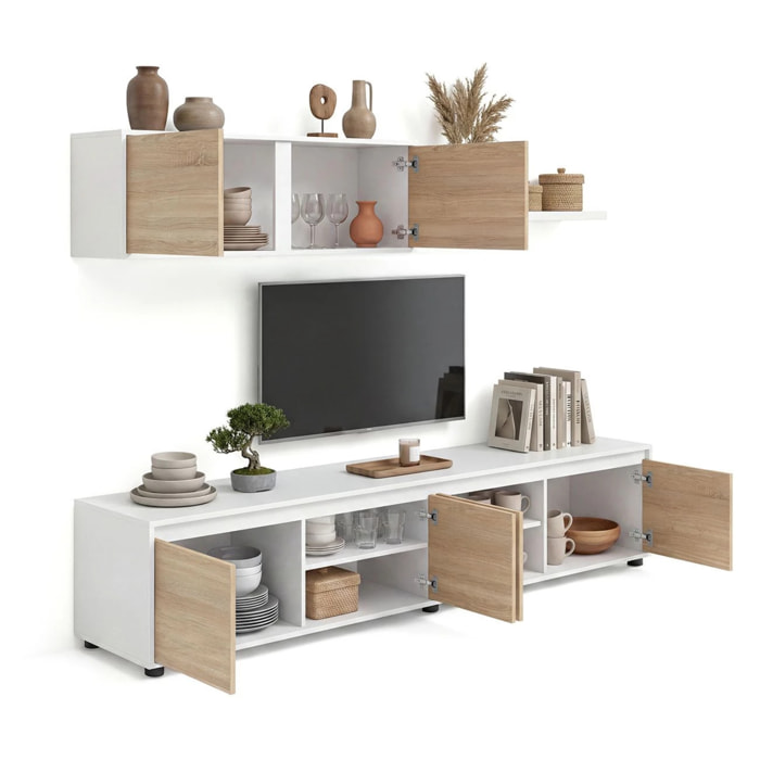 Salón con mueble de TV y estantería en blanco artik y roble canadian 200 cm Arlet Blanco Artik (Blanco Mate) - Roble Canadian