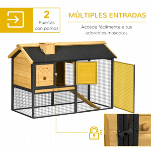 Conejera de Madera de 2 Niveles Jaula para Conejos con Zona Abierta Techo Asfáltico Bandeja Extraíble Puertas y Rampa Conejera para Exterior 120x55,5x80 cm Natural y Negro