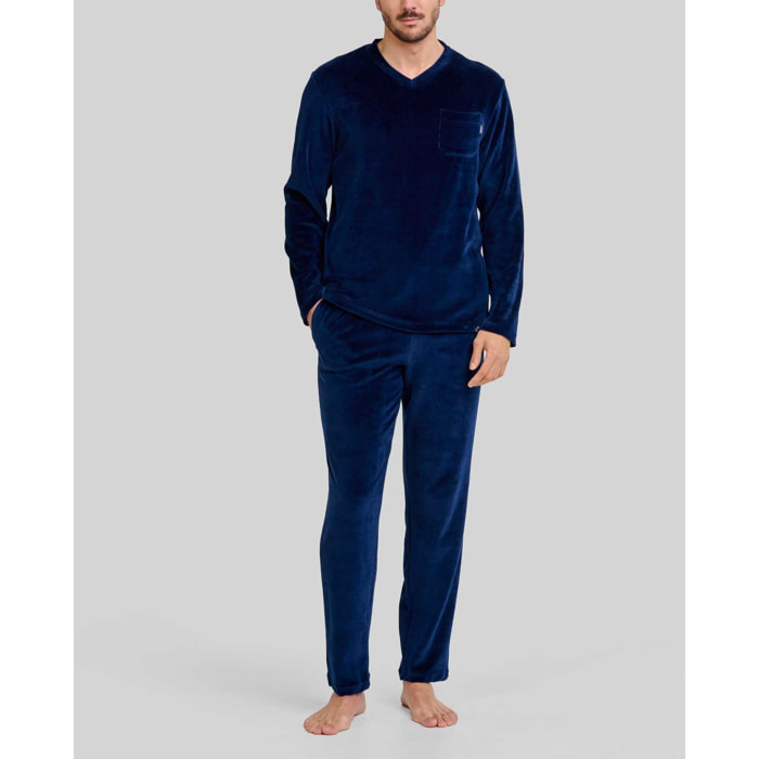 Pijama hombre terciopelo, escote en pico, manga larga y pantalón y bolsillos laterales