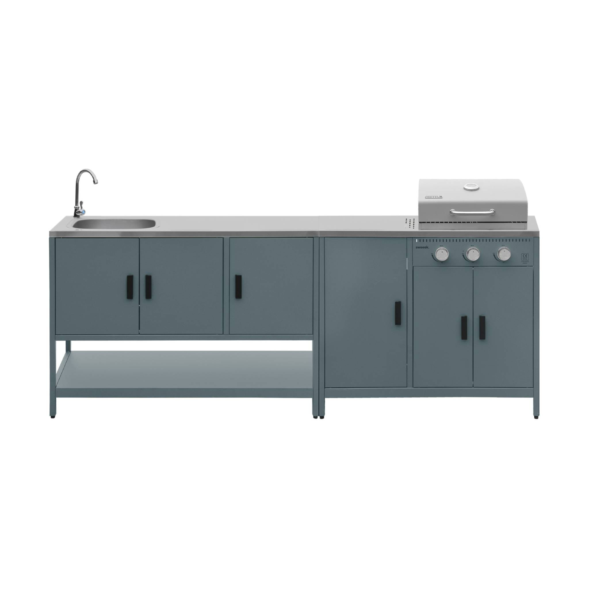 Cuisine extérieure Naxos 2 modules acier inoxydable bleu gris barbecue gaz 3 brûleurs avec évier