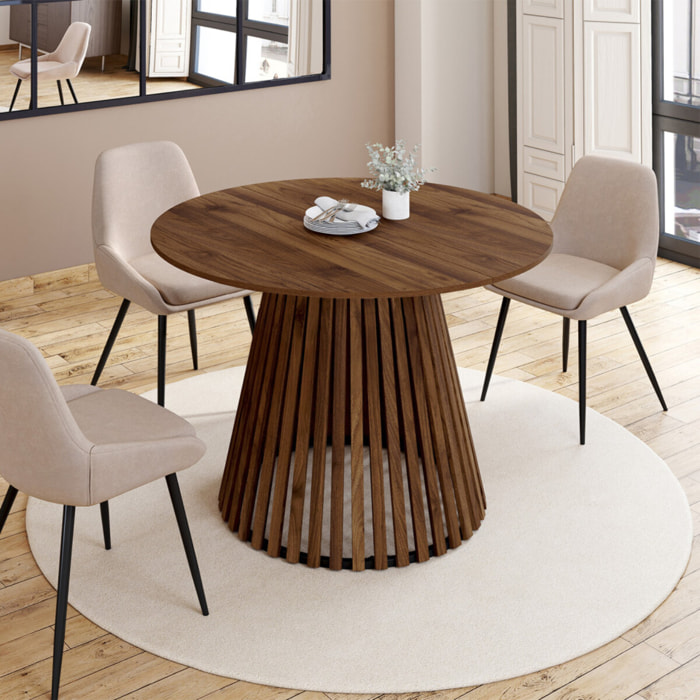 Table à manger ronde extensible Camélia effet noyer et pied lattes Ø110-150cm