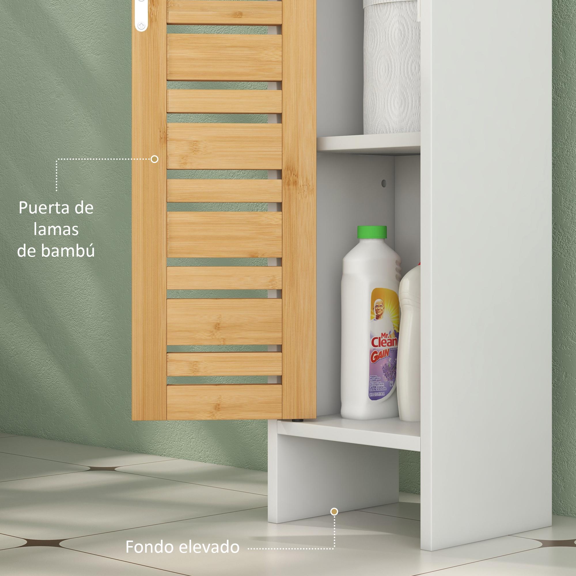 Columna de Baño Moderna Mueble Auxiliar de Baño con Portarrollos de Papel Estantes Ajustable y Puerta de Bambú Anti-vuelco 21x17x78 cm Blanco y Natural