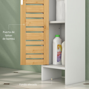 Columna de Baño Moderna Mueble Auxiliar de Baño con Portarrollos de Papel Estantes Ajustable y Puerta de Bambú Anti-vuelco 21x17x78 cm Blanco y Natural